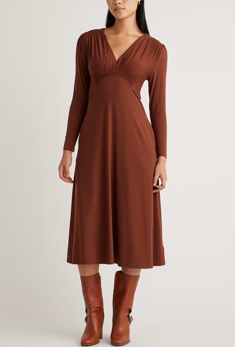 Quince Tencel Jersey V-Neck Long Sleeve Midi Dress Brown Medium
